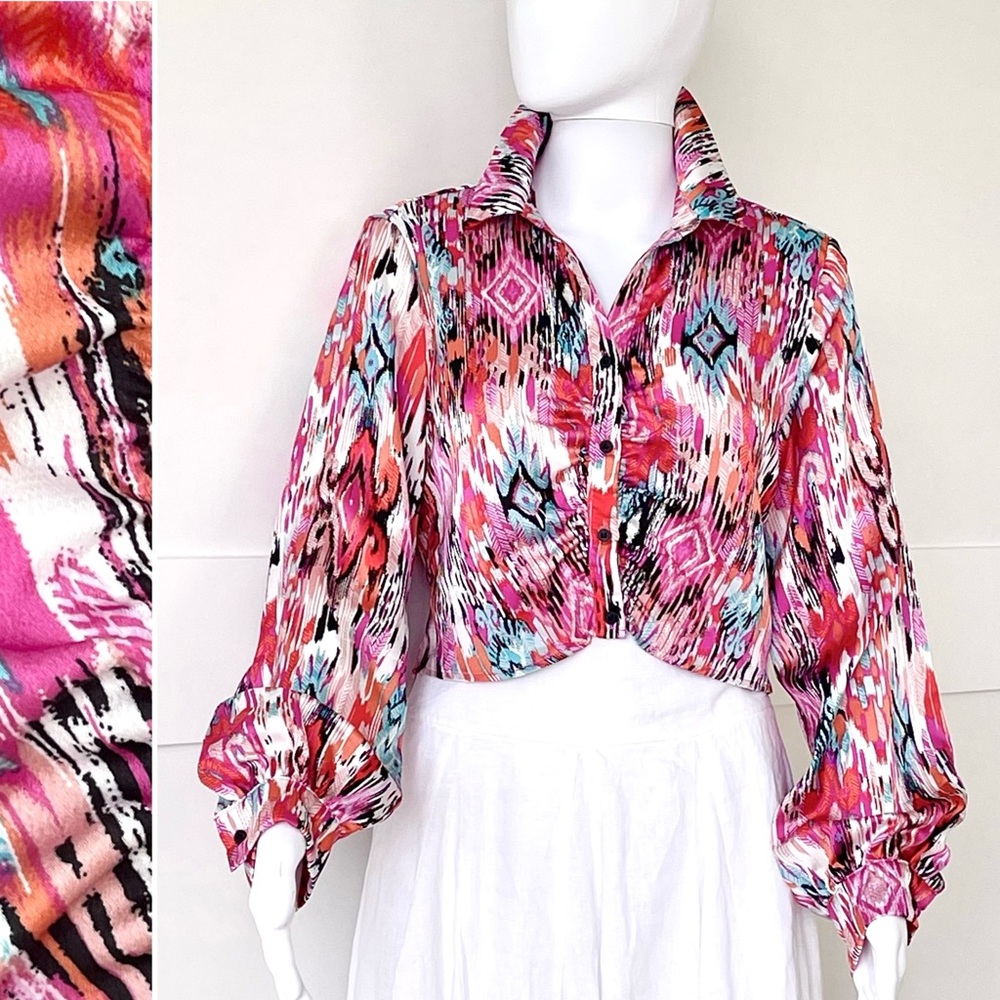 Anthropologie RO & De Satin Cropped Button Up Blouse Long Sleeve Tribal Print